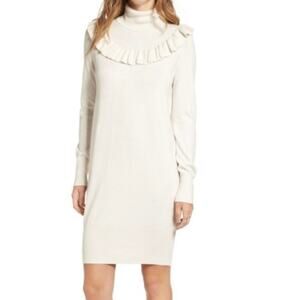 Leith NWT Womens Dress Ivory Long Sleeve Knit Turtleneck Ruffle Yoke XS SoftGirl